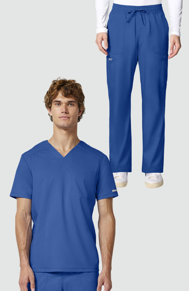Men's Scrub Set: Mesh Panel 2-Pocket V-Neck Scrub Top & 12-Pocket Scrub Pant