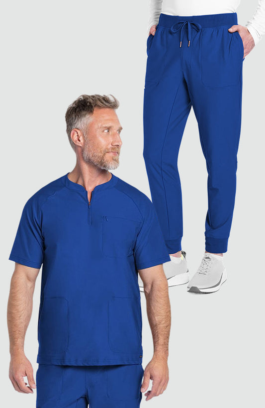 Men's Scrub Set: Quarter Zip Henley Scrub Top & Mid Rise Jogger Scrub Pant