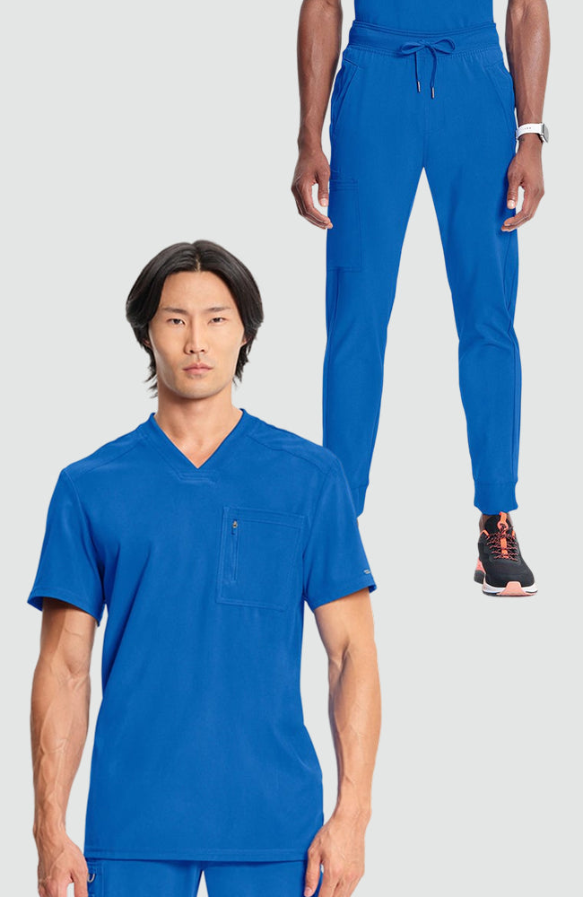 Men's Scrub Set: V-Neck Knit Panel Solid Scrub Top & Drawstring Jogger Scrub Pant