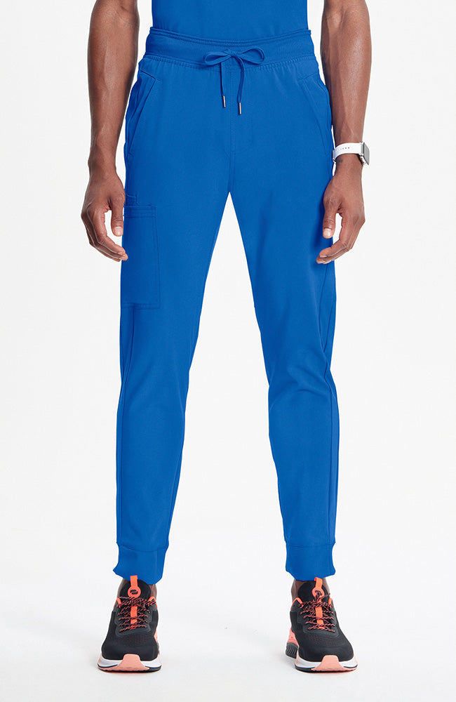 Men's Scrub Set: V-Neck Knit Panel Solid Scrub Top & Drawstring Jogger Scrub Pant