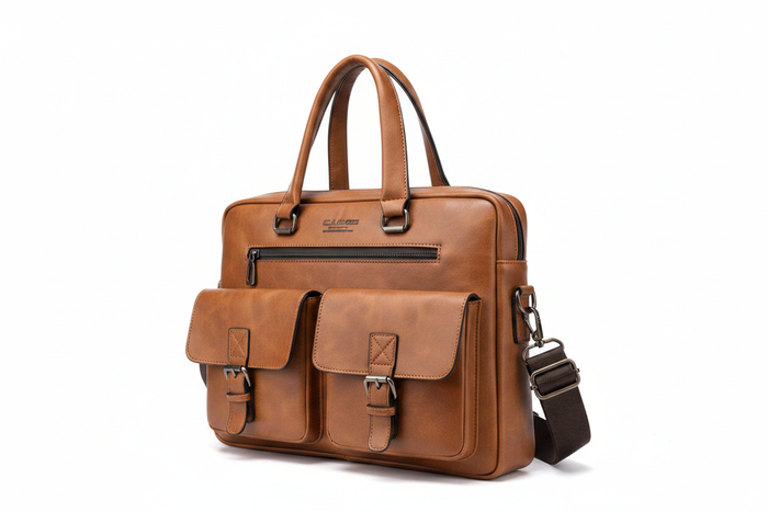 Men's Tan Leather Laptop Briefcase - white background