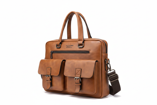 Men's Tan Leather Laptop Briefcase - white background