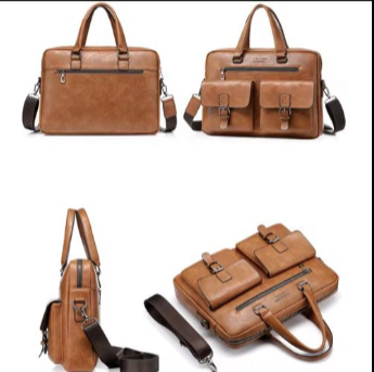 Men's Tan Leather Laptop Briefcase Bag with Dual Front Pockets