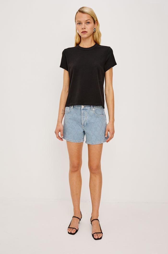 Mesa High-Waisted Short in Denim With Classic Five Pockets and Front Zip Fly in Quilted Stud Colorway - Full Body Front View Featured on Model