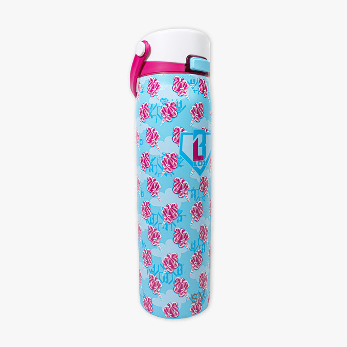 Adult model wearing blue Mesa Sport Water Bottle Home Run Sugar bottle
