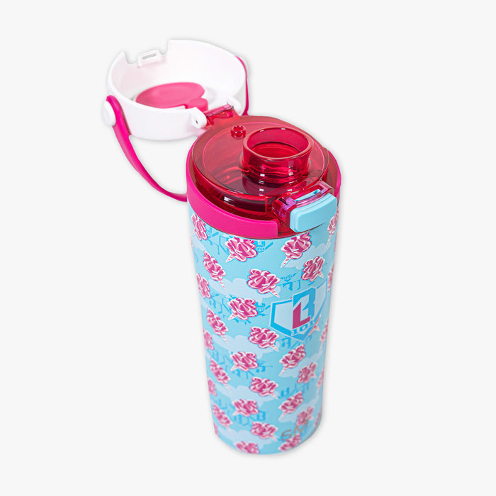 Adult model wearing blue Mesa Sport Water Bottle Home Run Sugar bottle