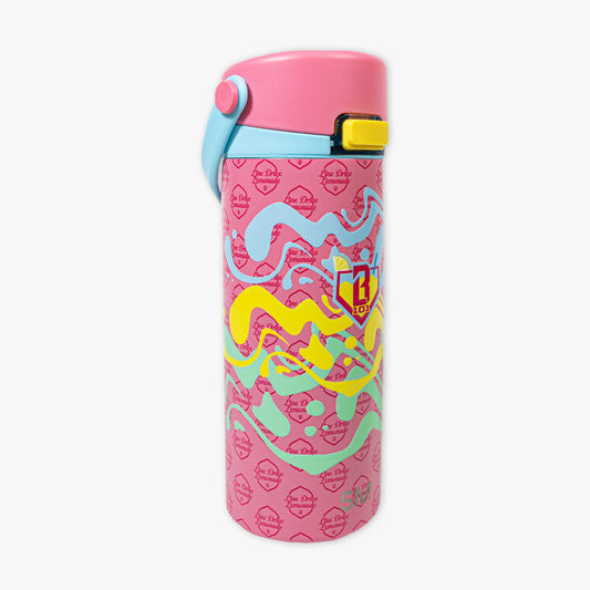 Pink water bottle with colorful designs on a white background