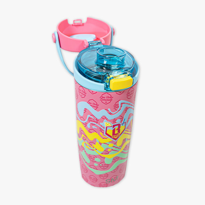 Adult model wearing pink Mesa Sport Water Bottle Lemonade bottle