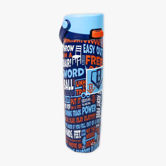Adult model wearing multi-color Mesa Sport Water Bottle Trash Talk bottle