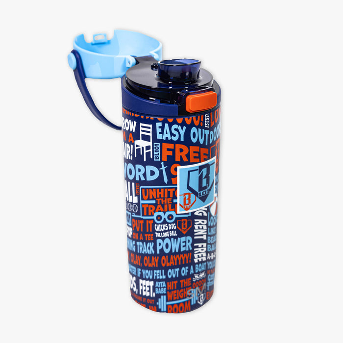 Adult model wearing multi-color Mesa Sport Water Bottle Trash Talk bottle