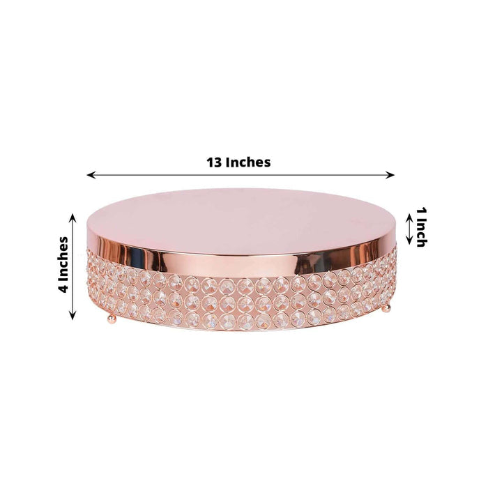 Rose gold cake stand with crystal accents, 13 inches wide and 4 inches tall.