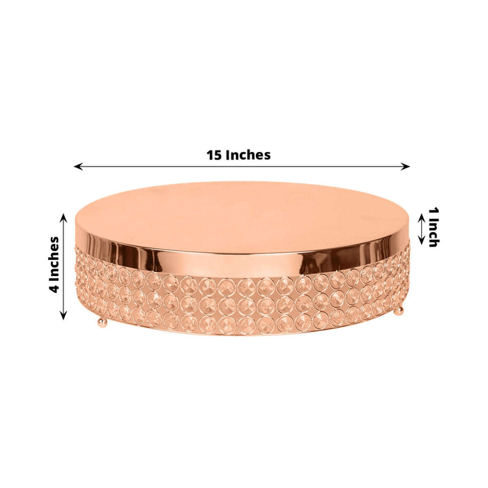 15-inch rose gold cake stand with crystal accents, 4 inches tall, 1-inch thick.