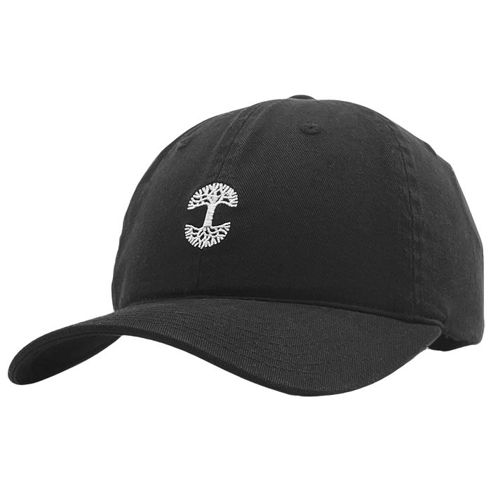 The Micro Logo Dad Hat by Oaklandish is a black dad hat featuring a slightly curved brim. It showcases a centrally positioned white embroidered Oaklandish logo, depicting a stylized tree with roots extending downwards. The textured design suggests it is made from fabric material.