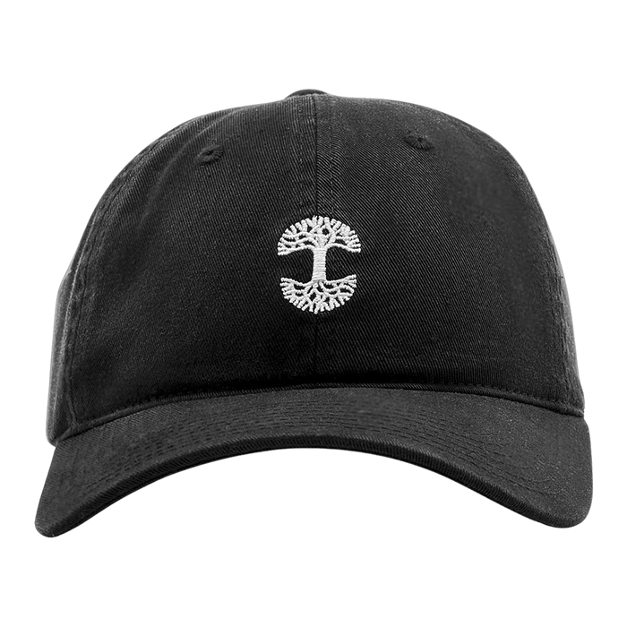 The Micro Logo Dad Hat by Oaklandish is a black dad hat featuring an embroidered white Oaklandish logo at the center front. The stylized, symmetrical tree design resembles a detailed artistic depiction with branches extending outward. The cap has a curved brim, stitching details on the panels, and an adjustable strap back for a perfect fit.