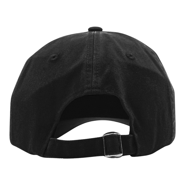 Rear view of the Oaklandish Micro Logo Dad Hat in black, showcasing an adjustable strap back with a metal buckle. The design includes detailed stitching along the edges, a button on top, and the iconic Oaklandish logo. The plain white background highlights the hat's structure.
