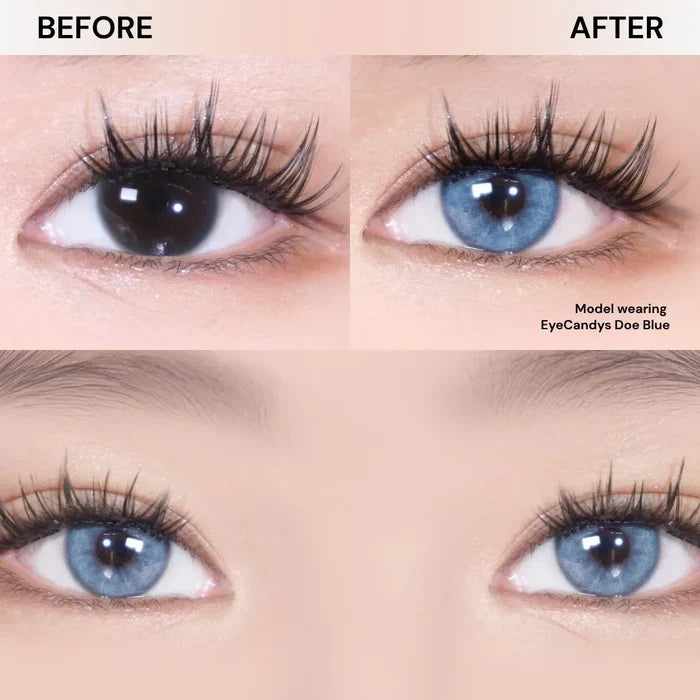 Close-up of eye with long lashes before and after wearing EyeCandys Doe Blue colored contact lens – natural eye vs airy blue lens with subtle iris enlargement, brightening effect, and sparkling, doll-eyed appearance.