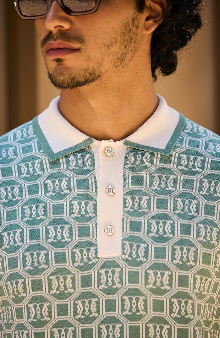 Monogram Jacquard Knit Polo in Sage