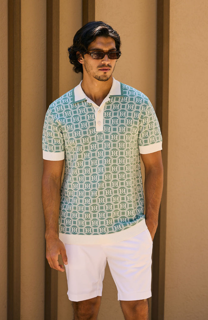 Monogram Jacquard Knit Polo in Sage