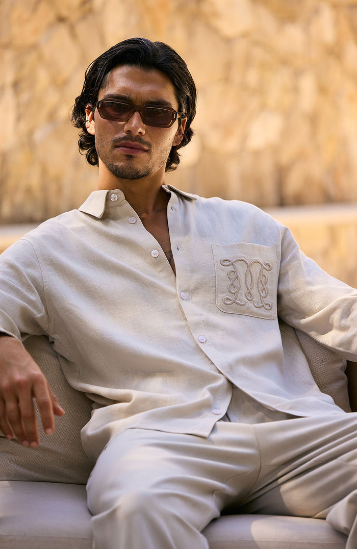 Monogram Linen Blend Embroidered Shirt in Beige
