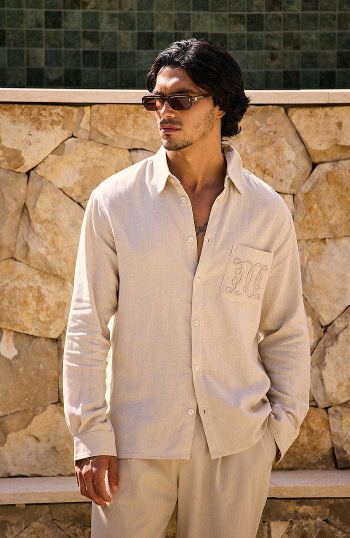 Monogram Linen Blend Embroidered Shirt in Beige