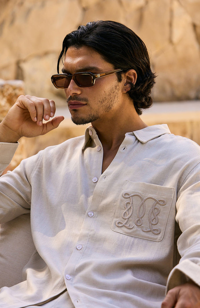 Monogram Linen Blend Embroidered Shirt in Beige