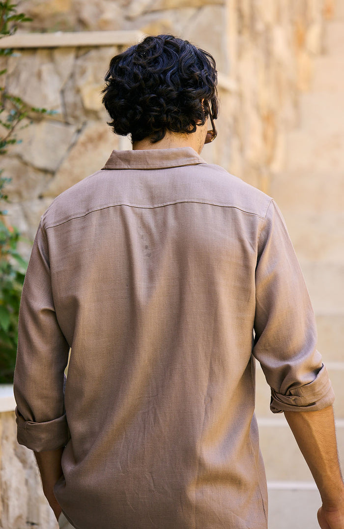 Monogram Linen Blend Embroidered Shirt in Brown