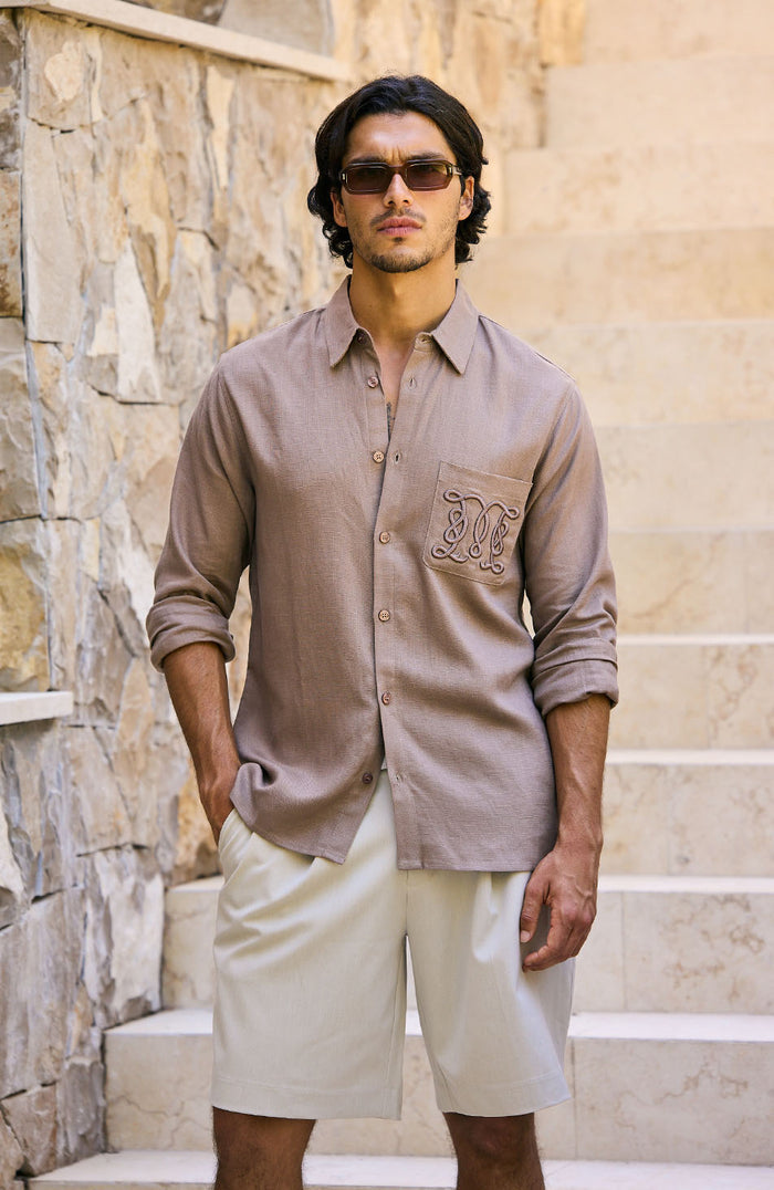Monogram Linen Blend Embroidered Shirt in Brown