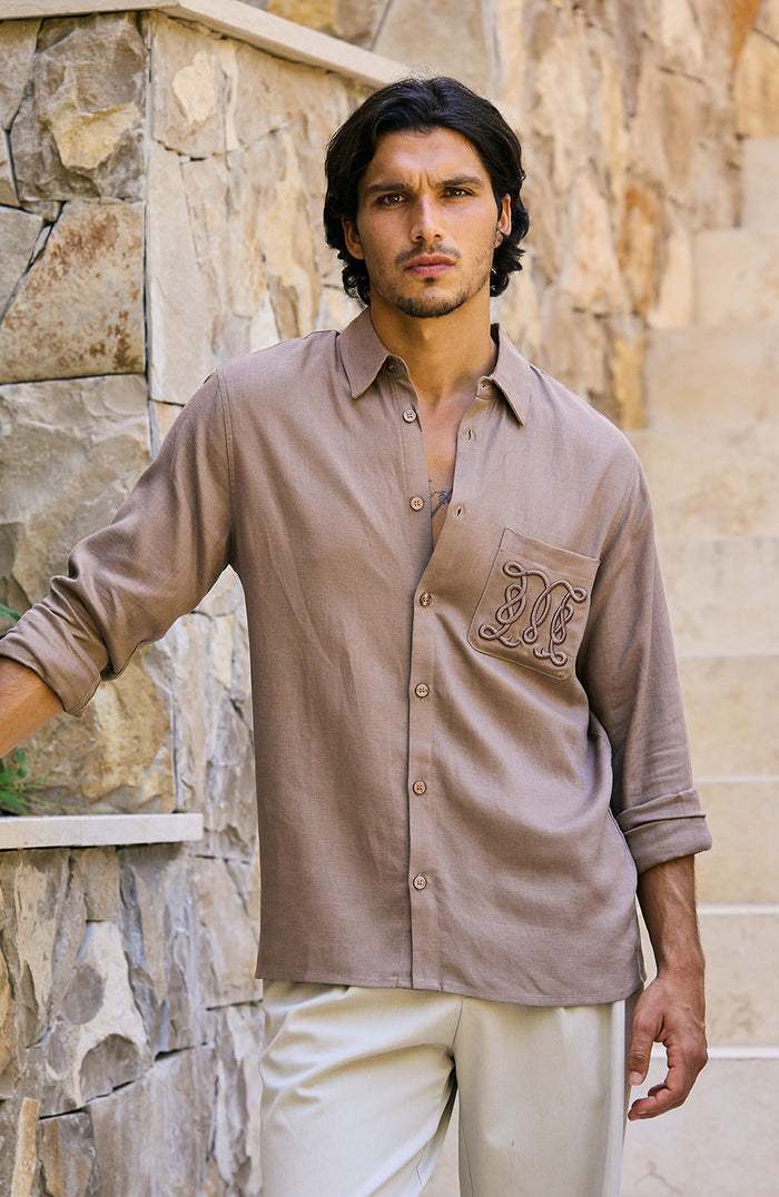 Monogram Linen Blend Embroidered Shirt in Brown