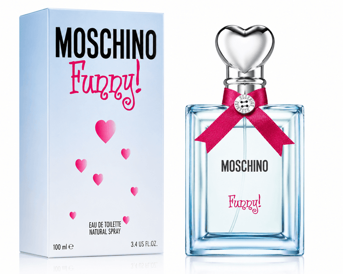 moschino funny eau de toilette in a clear rectangular glass bottle with a silver heart-shaped cap and pink ribbon