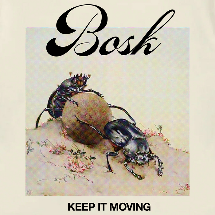 A detailed illustration of two dung beetles with a dung ball on sandy ground with small plants appears on BOSK’s Moving Tee, a classic fit heavy-weight cotton t-shirt with “BOSK” above and “KEEP IT MOVING” below in bold black script.