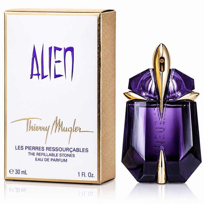 Mugler Alien EDP Refillable perfume in a faceted purple bottle with gold accents, shown beside its white and gold box