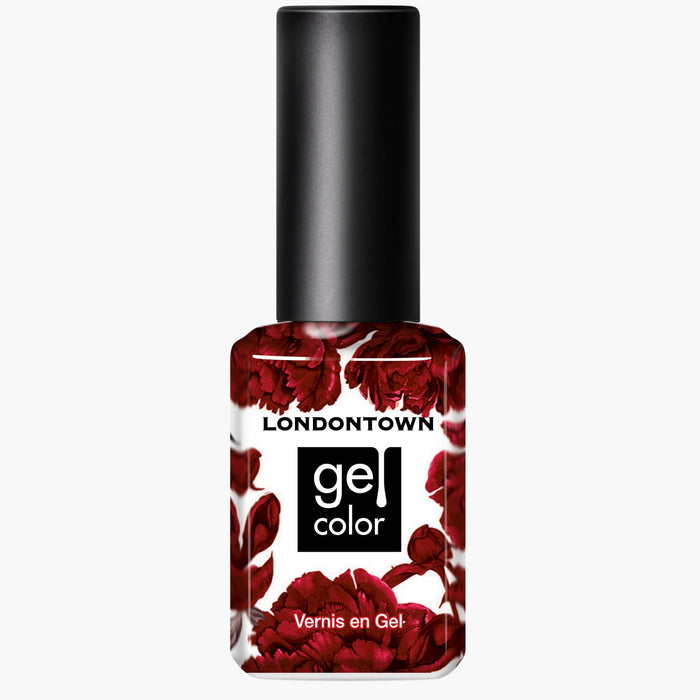 A bottle of LONDONTOWN gel nail polish in a decadent deep burgundy color, labeled "Mull It Over" with a floral design near the bottom and "Vernis en Gel" text.