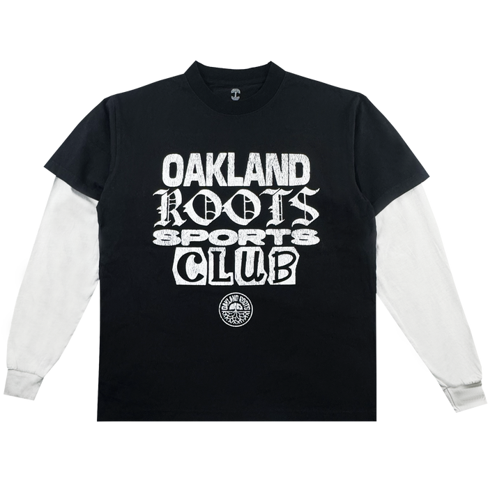 The Multi Text LS Tee by Oakland Roots SC features an oversized fit, vintage black styling with white sleeves, and a bold “OAKLAND ROOTS SPORTS CLUB” graphic above the classic round team logo on the front.