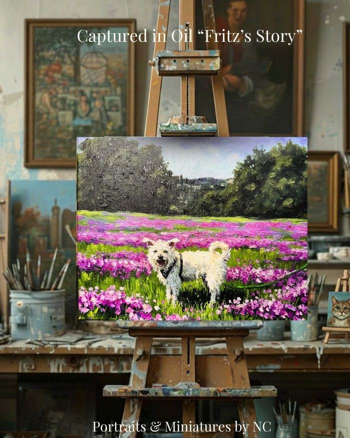 Mutt in Field of Flowers Oil Portrait | Hand Painted Dog Painting