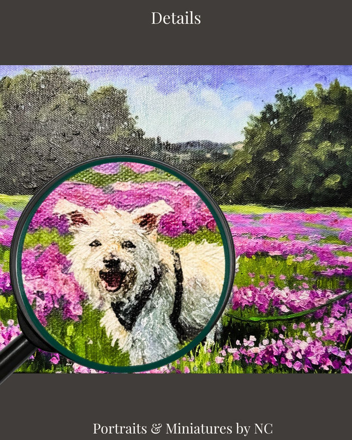Mutt in Field of Flowers Oil Portrait | Hand Painted Dog Painting