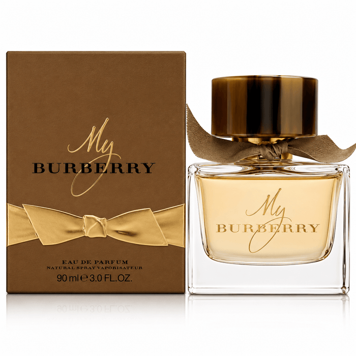 My Burberry EDP for Women perfume in a clear glass bottle with gold-toned liquid, ribbon detail, and brown box