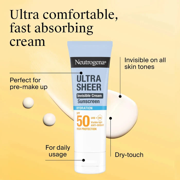 Neutrogena Ultra Sheer Invisible Cream Sunscreen Hydration SPF50 50ml كريم نيتروجينا ألترا شير غير المرئي الواقي من الشمس المرطب بعامل حماية من الشمس 50 - Princess Cosmetics Qatar