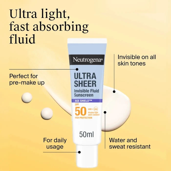 Neutrogena Ultra Sheer Invisible Fluid Sunscreen Age Shield SPF50 50ml واقي الشمس السائل الشفاف فائق الشفافية من نيتروجينا، عامل حماية من الشمس 50 - Princess Cosmetics Qatar