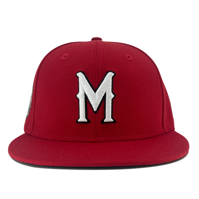 Front view of red 59fifty fitted hat with Diablos logo in white embroidery.