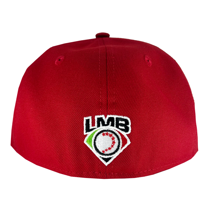 Back view of red Diablos 59fifty fitted hat with LMB embroidered logo..