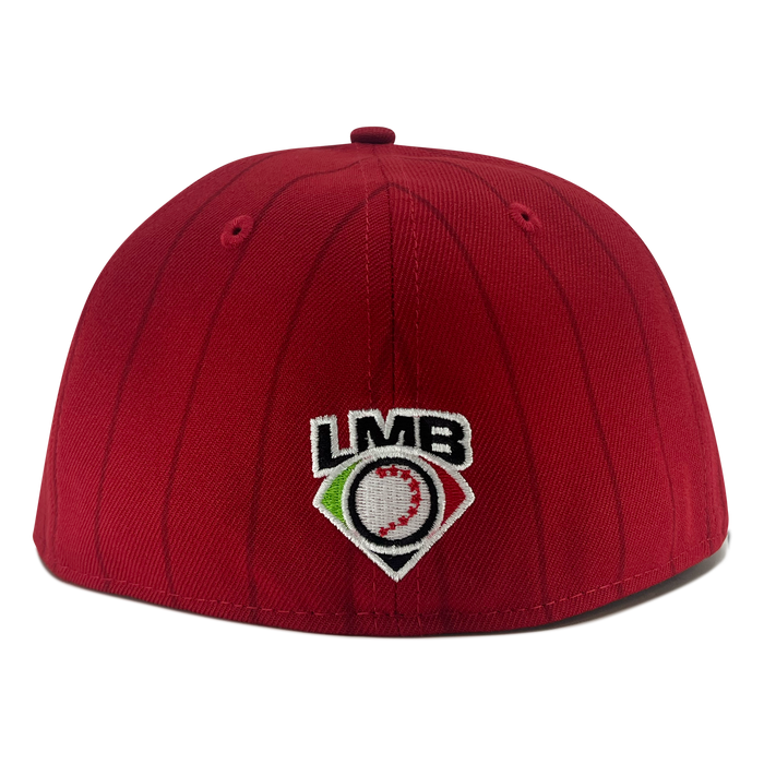 A red New Era Diablos Pinstripe 59FIFTY Cap, viewed from the back, featuring the embroidered Mexican Baseball League (LMB) logo with a baseball inside a diamond shape. The background is white.