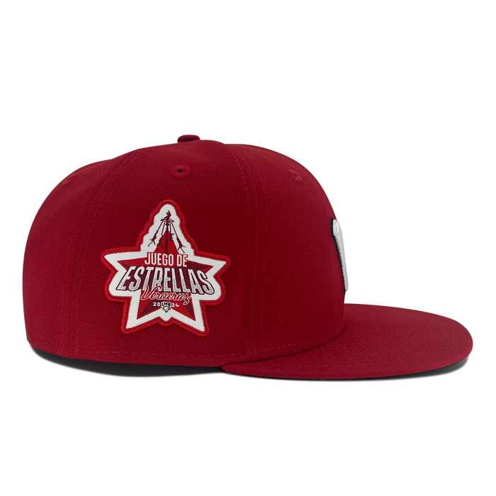 Right side view of red New Era 59fifty fitted hat with Away El Aguila logo and Juego de Estrellas Veracruz LMB patch.