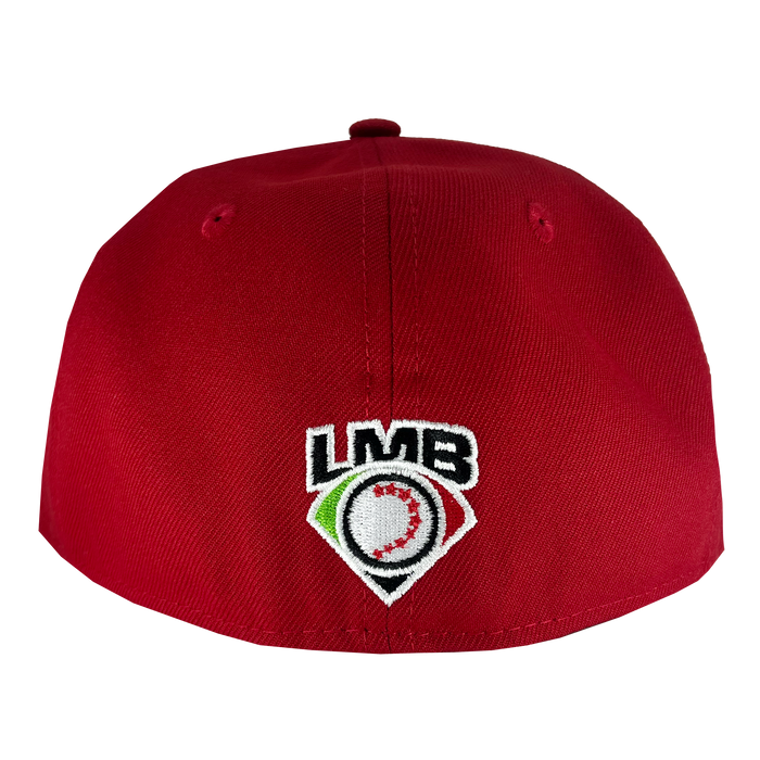 Back view of red New Era 59fifty fitted hat with LMB embroidered logo.