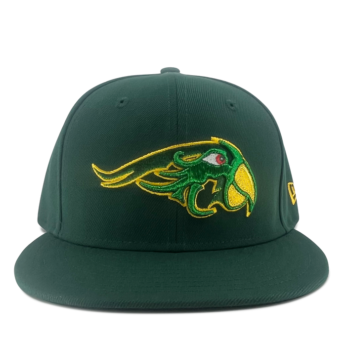 A New Era Pericos 59FIFTY Cap in dark green, featuring a yellow, green, and red embroidered bird head LMB logo on the front panel. The left side displays a small yellow “New Era” logo. The image is centered on a plain white background with bright, even lighting. Brand: Other.
