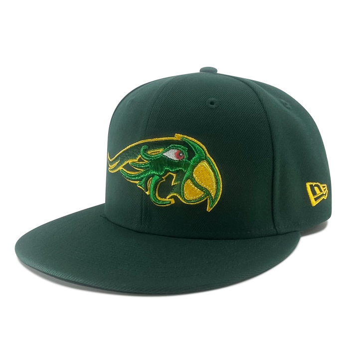 The New Era Pericos 59FIFTY Cap by Other is a dark green fitted baseball cap featuring a stylized yellow and green parrot head embroidered on the front. It has a flat brim, a yellow New Era logo on the side, and an LMB logo at the back. The background is plain white.