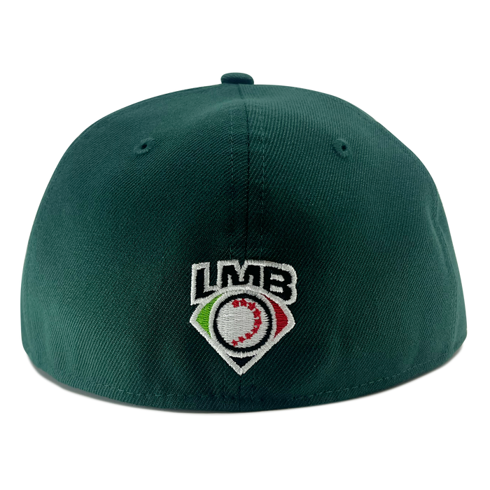 A rear view of the New Era Pericos 59FIFTY Cap by Other highlights an embroidered LMB logo in green, white, and red—representing the Mexican Baseball League—along with two stitched ventilation holes on the back of the dark green fitted cap.