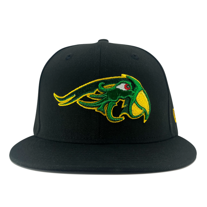 The New Era Pericos ALT 59FIFTY Cap by Other is a black, flat-brim fitted cap featuring a prominently embroidered logo of a stylized green bird with a yellow beak and eye, accented in yellow, red, and black on the front. The product is shown against a plain white background.