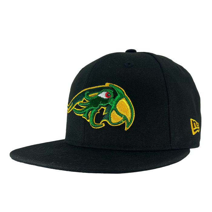 A New Era Pericos ALT 59FIFTY Cap by Other, this fitted black flat-bill cap features a yellow and green embroidered bird with a fierce expression on the front panel, as well as a yellow New Era logo stitched on the left side. The cap is displayed against a plain white background.