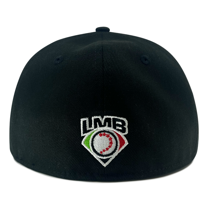 A black New Era Pericos ALT 59FIFTY Cap by Other is displayed from the back, featuring the embroidered LMB logo: white letters above a baseball inside a diamond shape with green and red accents, representing the Mexican Baseball League. The background is plain white.