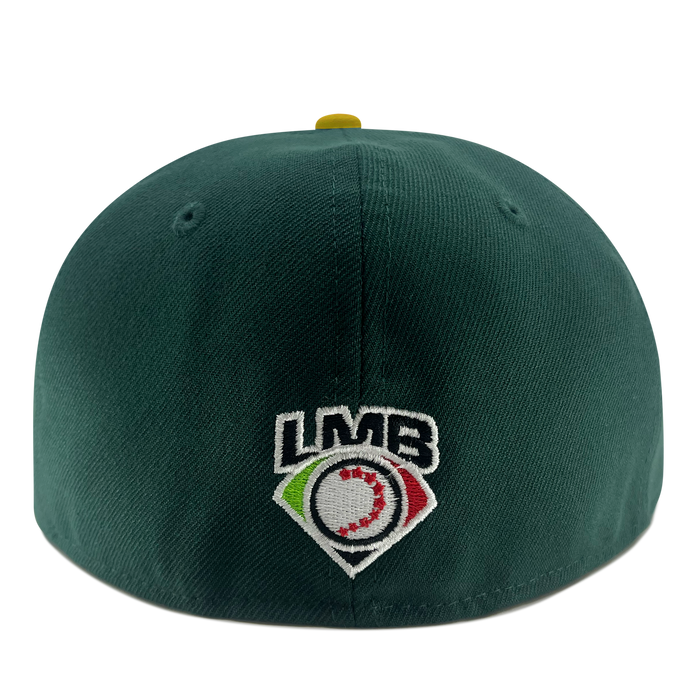 A green New Era Pericos Home 59FIFTY Cap by Other is shown from the back, featuring the LMB logo embroidered in white, black, red, and green with a baseball and diamond design. The cap includes two stitched eyelets and a yellow button on top.